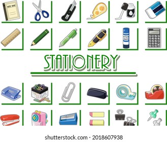 An icon set of stationery and office supplies. Pencils, notebooks, scissors and other stationery and office supplies. Vector illustration