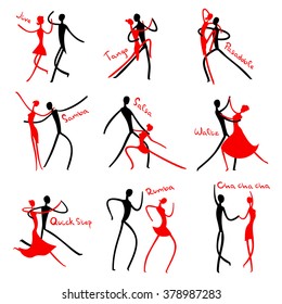 Icon set of stick figures dancing  ballroom dances.