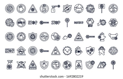 Symbol-Set von Stopp covid19 auf weißem Hintergrund, Linienstil, Vektorillustration