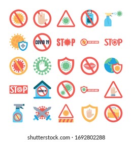 icon set of stop covid19 and shields over white background, flat style, vector illustration