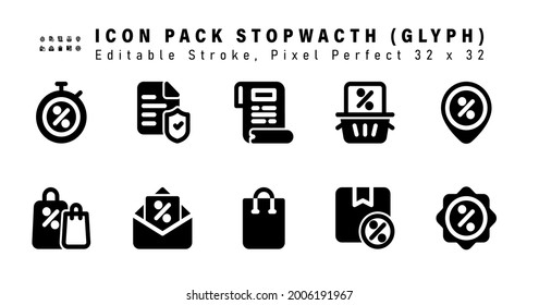 Icon Set Of Stopwatch Glyph Icons. Contains Such Icons As Discount Location, Tote Bag, Discount Announcement, Bag Etc. Editable Stroke. 32 X 32 Pixel Perfect