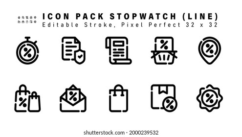 Icon Set Of Stopwatch Line Icons. Contains Such Icons As Discount Location, Tote Bag, Discount Announcement, Bag Etc. Editable Stroke. 32 X 32 Pixel Perfect