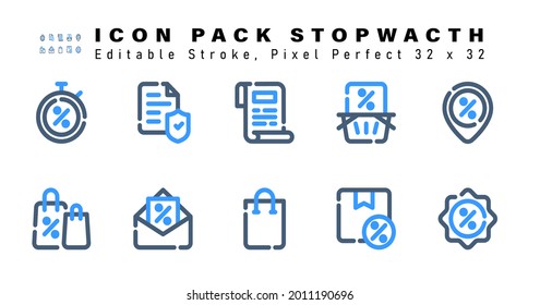 Icon Set Of Stopwatch Two Color Icons. Contains Such Icons As Discount Location, Tote Bag, Discount Announcement, Bag Etc. Editable Stroke. 32 X 32 Pixel Perfect