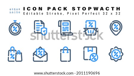 Icon Set of Stopwatch Two Color Icons. Contains such Icons as Discount Location, Tote Bag, Discount Announcement, Bag etc. Editable Stroke. 32 x 32 Pixel Perfect