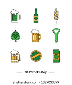 Icon set for St.Patrick's Day, national holiday in Ireland, with such icons as hop, green beer, bottle and more. - Vector