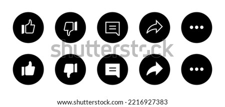 Icon set of streaming app. Like, dislike, comment, share and more menu