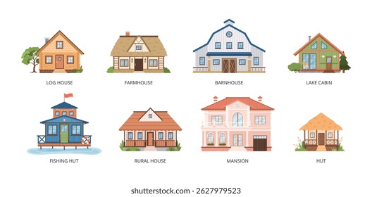 Conjunto de ícones de edifícios contemporâneos suburbanos em estilo plano. clip-art isolado no fundo branco para férias, eco-vida, arquitetura, conceitos rurais. Mansão, quinta, casa do celeiro, cabana, cabana do lago