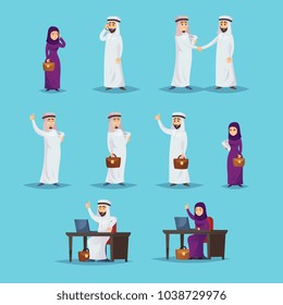 Icon set of successful male and female businesspeople in Islamic clothes posing on blue. 