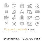 Icon set such as cash and credit card. Simple illustrations of line drawings related to wallets, electronic payments, payment methods, calculators, barcodes, cashless, cash registers, accounting, etc.