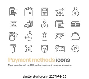 Juego de iconos como efectivo y tarjeta de crédito. Ilustraciones simples de planos de líneas relacionadas con billeteras, pagos electrónicos, métodos de pago, calculadoras, códigos de barras, sin efectivo, registros de caja, contabilidad, etc.