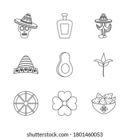 icon set of sugar skull and mexican culture over white background, line style, vector illustration