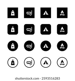 Icon set, summer activities, beach essentials, sunscreen, snorkeling mask, camping tent, campfire, minimalist design, black and white, simple shapes, square icons, circular icons, outdoor adventure.