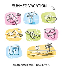 Icon set summer beach holidays, vacation with surfboard, palm tree, fish, swimming toy, snorkel, flippers and message in a bottle. Hand drawn cartoon sketch vector illustration,  marker coloring.