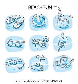 Icon set summer beach holidays, travel, vacation with sand castle, shoes, ice cream, shells, ball, drink, towel, sunglasses, parasol. Hand drawn cartoon sketch vector illustration,  marker coloring.