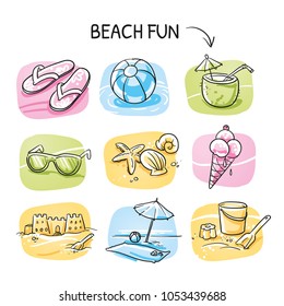 Icon set summer beach holidays, travel, vacation with sand castle, shoes, ice cream, shells, ball, drink, towel, sunglasses, parasol. Hand drawn cartoon sketch vector illustration,  marker coloring.