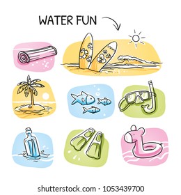 Icon set summer beach holidays, vacation with surfboard, palm tree, fish, swimming toy, snorkel, flippers and message in a bottle. Hand drawn cartoon sketch vector illustration,  marker coloring.