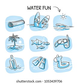 Icon set summer beach holidays, vacation with surfboard, palm tree, fish, swimming toy, snorkel, flippers and message in a bottle. Hand drawn cartoon sketch vector illustration,  marker coloring.