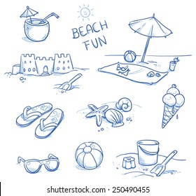 Icon set summer beach holidays, travel, vacation with sand castle, shoes, ice cream, shells, ball, drink, towel, sunglasses, parasol. Hand drawn doodle vector illustration.