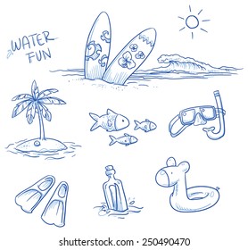 Icon set summer beach holidays, vacation with surfboard, palm tree, fish, swimming toy, snorkel, flippers and message in a bottle. Hand drawn doodle vector illustration.