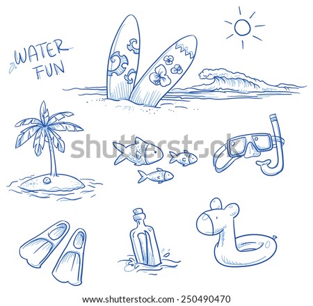 Icon set summer beach holidays, vacation with surfboard, palm tree, fish, swimming toy, snorkel, flippers and message in a bottle. Hand drawn doodle vector illustration.