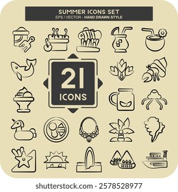 Icon Set Summer. related to Holiday symbol. hand drawn style. design editable