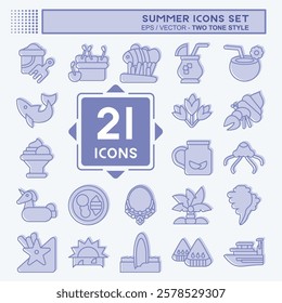 Icon Set Summer. related to Holiday symbol. two tone style. design editable