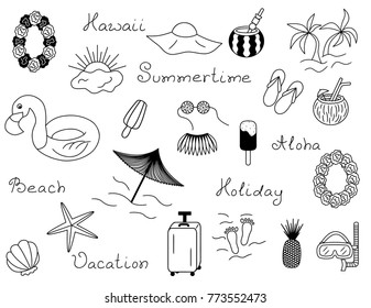 Icon set of summer vector beach vacation holiday summertime illustration sketch