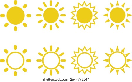 Icon set of sun sunlight summer weather sunny day solar energy sunbeam concept. Pixel perfect icons, editable stroke.	
