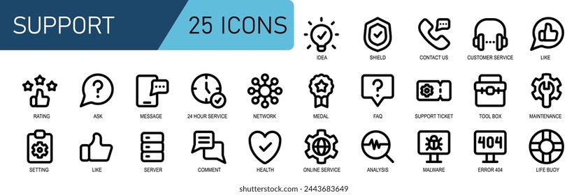 icon set support and customer service .outline style.contains idea,protection,contact us,customer service,like,rating.vector illustration set.
