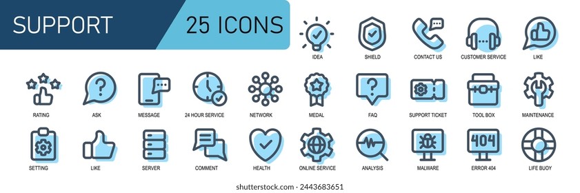 icono set support.style línea llena.server,comentario,discusión,saludable,likes,servicio en línea,análisis,malware,error 404.vektor ilustración.