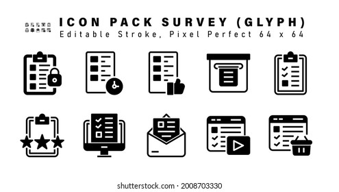 Icon Set of Survey Glyph Icons. Contains such Icons as  Survey, Feedback, Online Survey, Email Survey etc. Editable Stroke. 64 x 64 Pixel Perfect