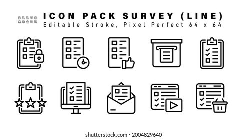 Icon Set of Survey Line Icons. Contains such Icons as Checklist, Feedback, Online Survey, Email Survey etc. Editable Stroke. 64 x 64 Pixel Perfect