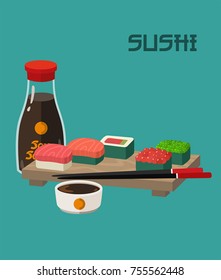 Icon set of sushi menu. On the board are sushi rolls with fish and caviar, chopsticks and soy sauce.