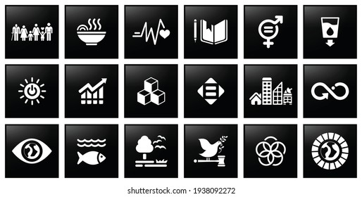 Icon Set Of Sustainable Development Social Work. Corporate Social Responsibility Project Resource. Goals To Success. Black And White Work. Vector Icon.