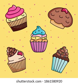 icon set of sweet cupcakes over yellow background, colorful design, vector illustration
