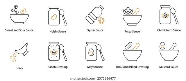 Icon Set: Sweet and Sour, Hoisin, Oyster, Pesto, Chimichurri, Gravy, Ranch, Mayonnaise, Thousand Island, and Mustard Sauces