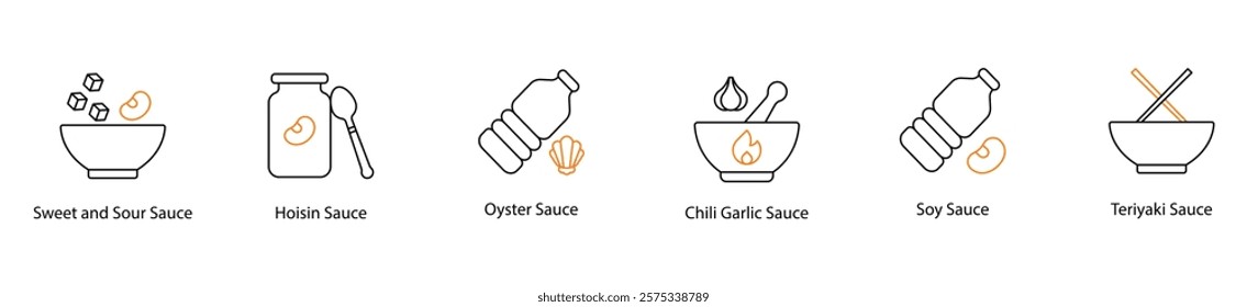 Icon Set: Sweet and Sour, Hoisin, Oyster, Chili Garlic, Soy, and Teriyaki Sauces