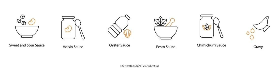 Icon Set: Sweet and Sour, Hoisin, Oyster, Pesto, Chimichurri, and Gravy Sauces