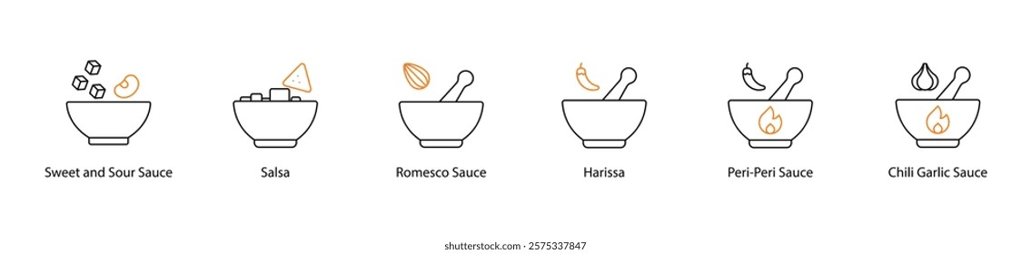 Icon Set: Sweet and Sour, Salsa, Romesco, Harissa, Peri Peri, and Chili Garlic Sauces