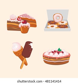 Icon set with sweets. Cartoon food illustration