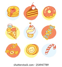 Icon set of sweets in pastel colors. Nine colored delicious images of children favorite sweets: pancake, biscuit, donut, ice cream, cookie. Vector illustration and design element