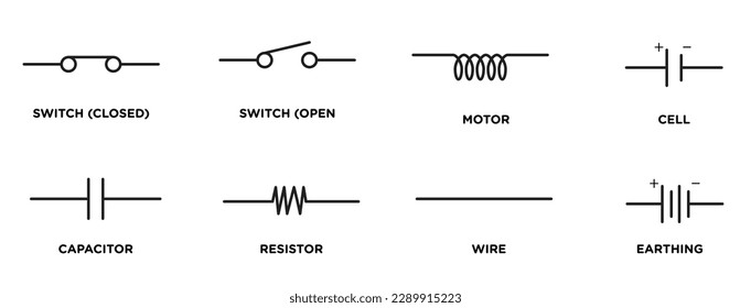 icon set of switch (closed), switch (open), motor, cell, capacitor, resistor, wire, earthing