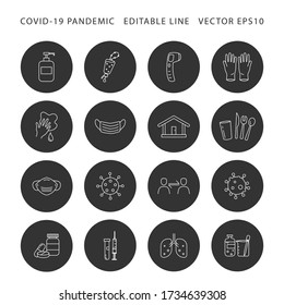 Juego de iconos y diseño de vectores de símbolos de la pandemia COVID-19 y Coronavirus sobre la protección de la salud y el distanciamiento social. Colección de línea blanca EDITABLE sobre fondo negro