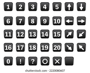 Icon set of symbols such as button-style square numbers and arrows