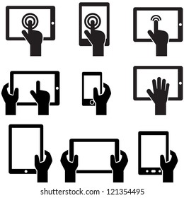 Icon set tablets and gadgets with touch-screen display held in hand