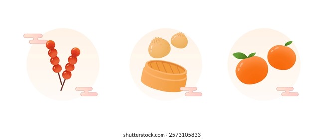 icon set of Tangyuan, dumplings, and oranges are illustrated in a festive style. These traditional Chinese New Year treats symbolize reunion, prosperity, and good fortune. flat illustration