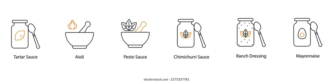 Icon Set: Tartar, Aioli, Pesto, Chimichurri, Ranch, and Mayonnaise Sauces