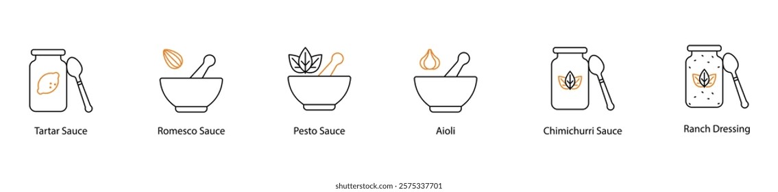 Icon Set: Tartar, Romesco, Pesto, Aioli, Chimichurri, and Ranch Sauces