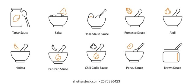 Icon Set: Tartar, Salsa, Hollandaise, Romesco, Aioli, Harissa, Peri Peri, Chili Garlic, Ponzu, and Brown Sauces