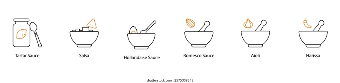 Icon Set: Tartar, Salsa, Hollandaise, Romesco, Aioli, and Harissa Sauces